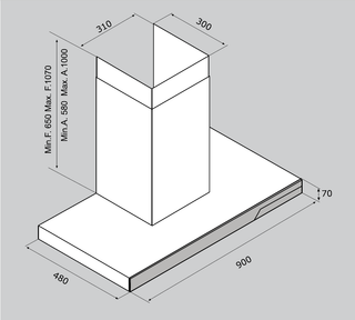 Airforce F191 90cm Wall Mounted Designer Cooker Hood - Black Glass - Technical Drawing