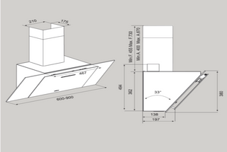 Airforce F204 90cm Automatic Angled Cooker Hood - White Glass - Technical Drawing