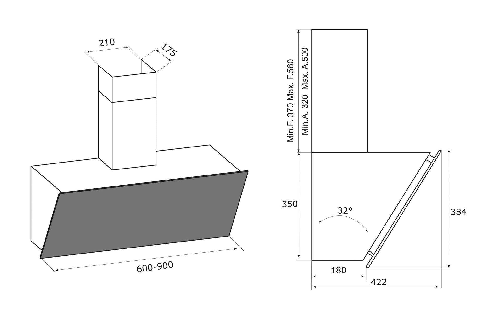 Airforce V8 90cm Angled Wall Mounted Cooker Hood Black Painted Steel with Stainless Steel Panel