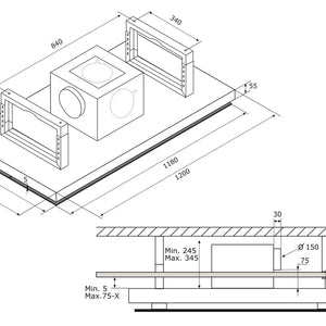 120cm Remote Control Ceiling Cooker Hood - Airforce F139 A - Technical Drawing