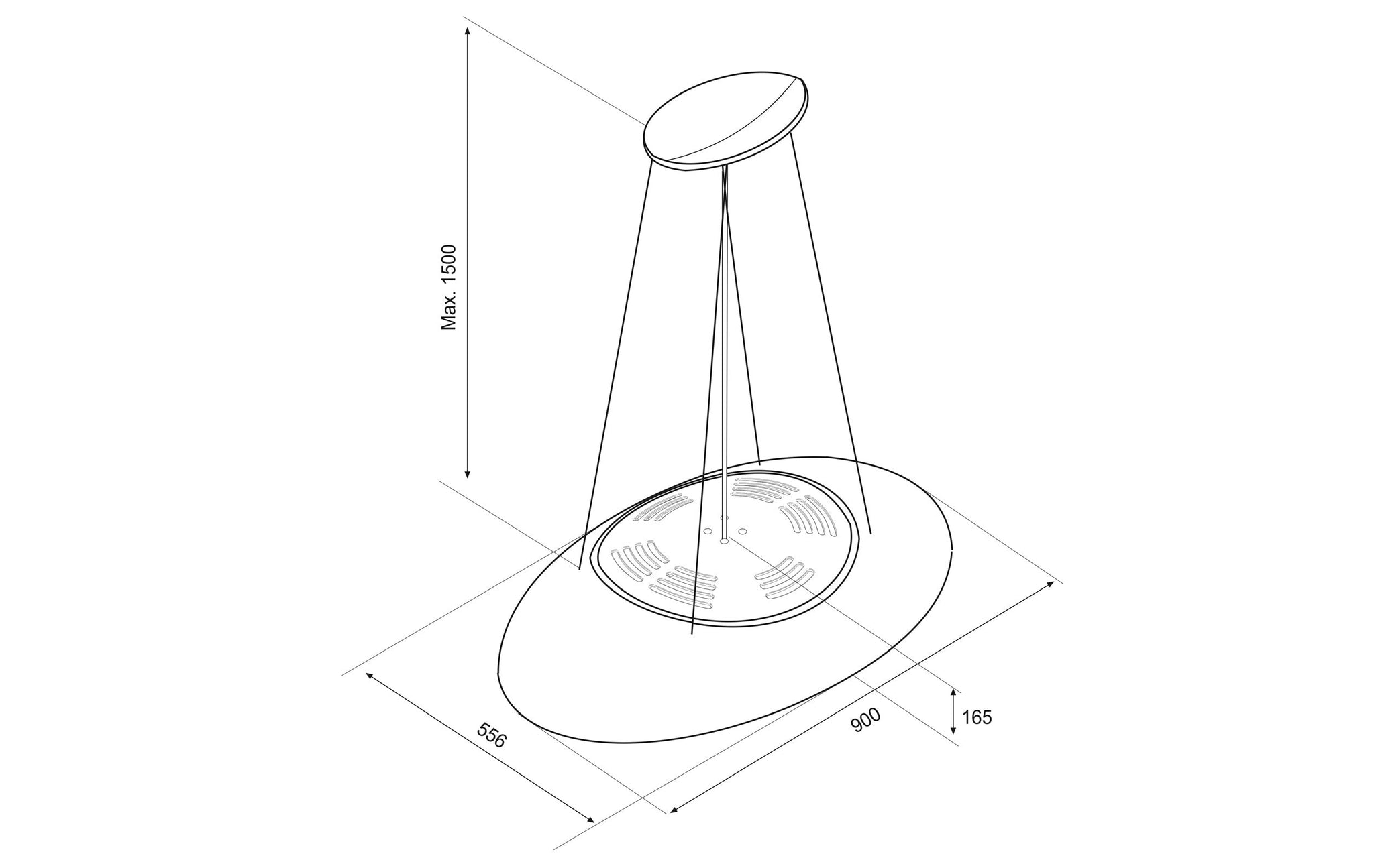90cm Island LED Lamp Cooker Hood - Airforce Eclipse - Black - Technical Drawing 