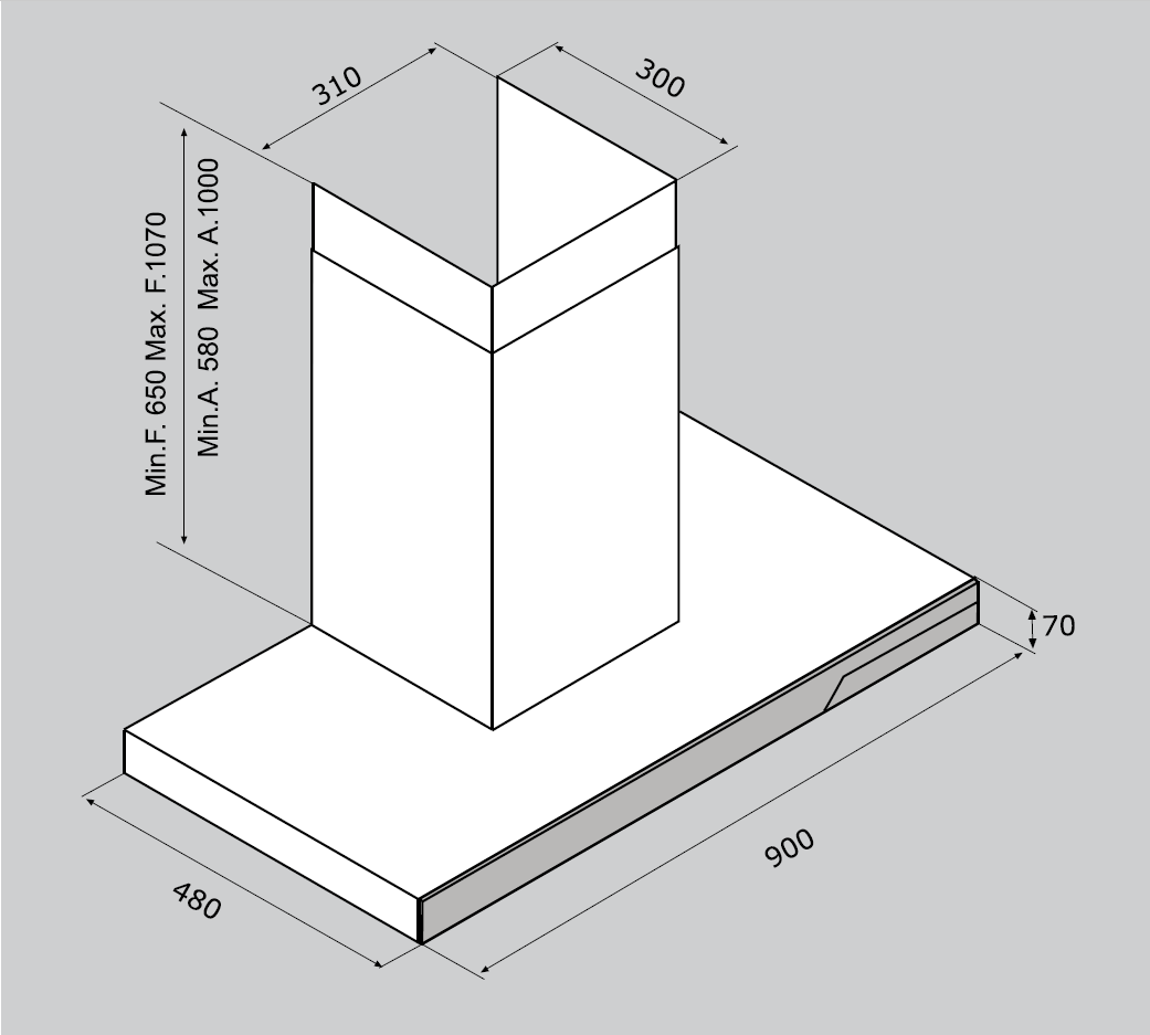 Airforce F191 90cm Wall Mounted Designer Cooker Hood - Black Glass - Technical Drawing