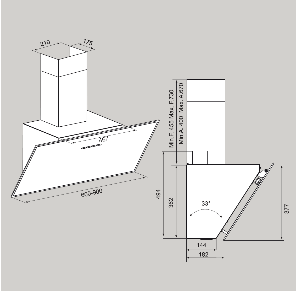Airforce F203 90cm Automatic Angled Cooker Hood - Black Glass - Technical Drawing