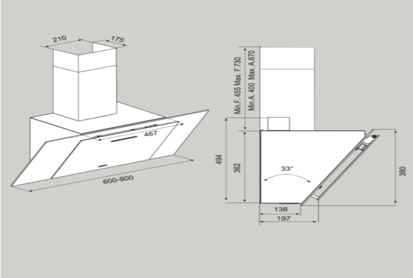 Airforce F204 90cm Automatic Angled Cooker Hood - White Glass - Technical Drawing