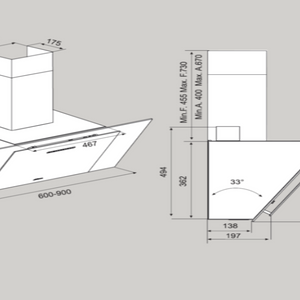 Airforce F204 90cm Automatic Angled Cooker Hood - White Glass - Technical Drawing