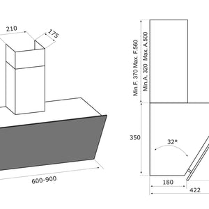 Airforce V2 90cm Flat Wall Mounted Cooker Hood - Black glass Technical Image 